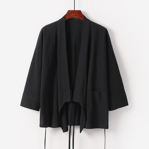 Damen Kimono-Cardigan aus Baumwoll-Leinen mit dreiviertelärmeln Bindegürtel und aufgesetzten Taschen Echoarchiv