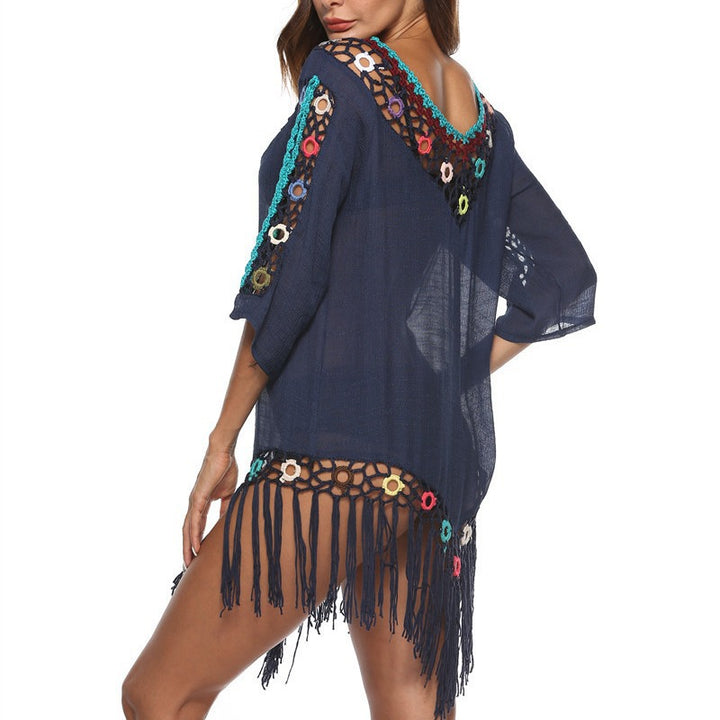 Damen Elegante Häkel-Strandtunika mit fransigen Details und bunten Applikationen Echo Archiv