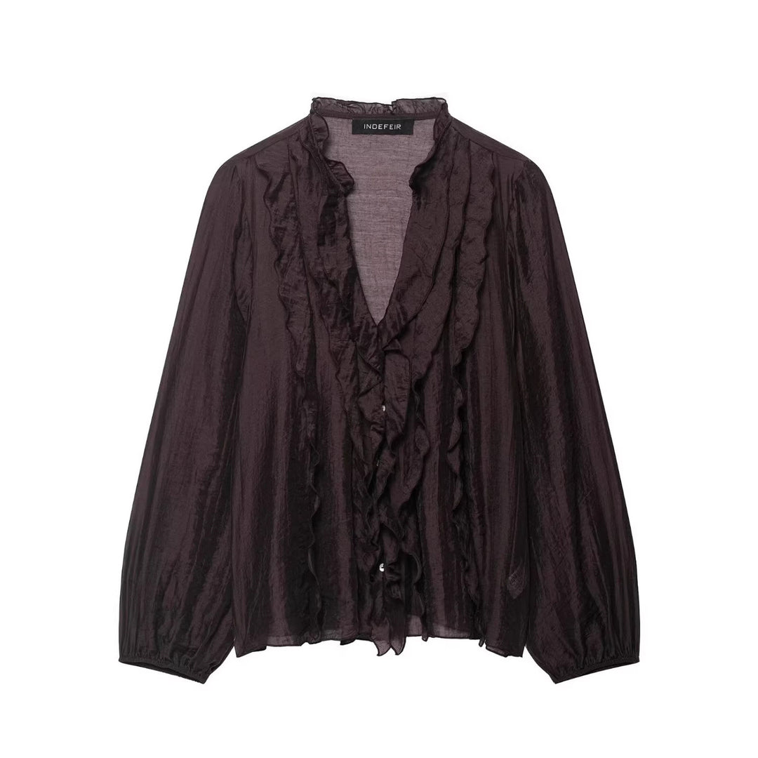Damen Transparente Crinkle-Bluse mit Volantkragen, Rüschenfront und Ballonärmeln Echo Archiv