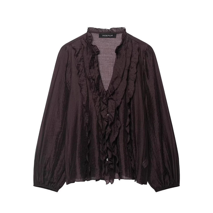 Damen Transparente Crinkle-Bluse mit Volantkragen, Rüschenfront und Ballonärmeln Echo Archiv