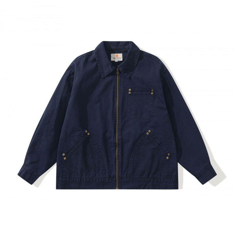 Unisex Kastenförmige Canvas-Worker-Jacke mit Frontreißverschluss und Nietapplikationen Echo Archiv