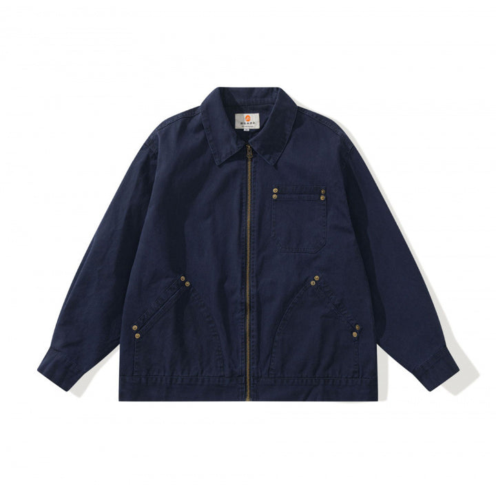 Unisex Kastenförmige Canvas-Worker-Jacke mit Frontreißverschluss und Nietapplikationen Echo Archiv