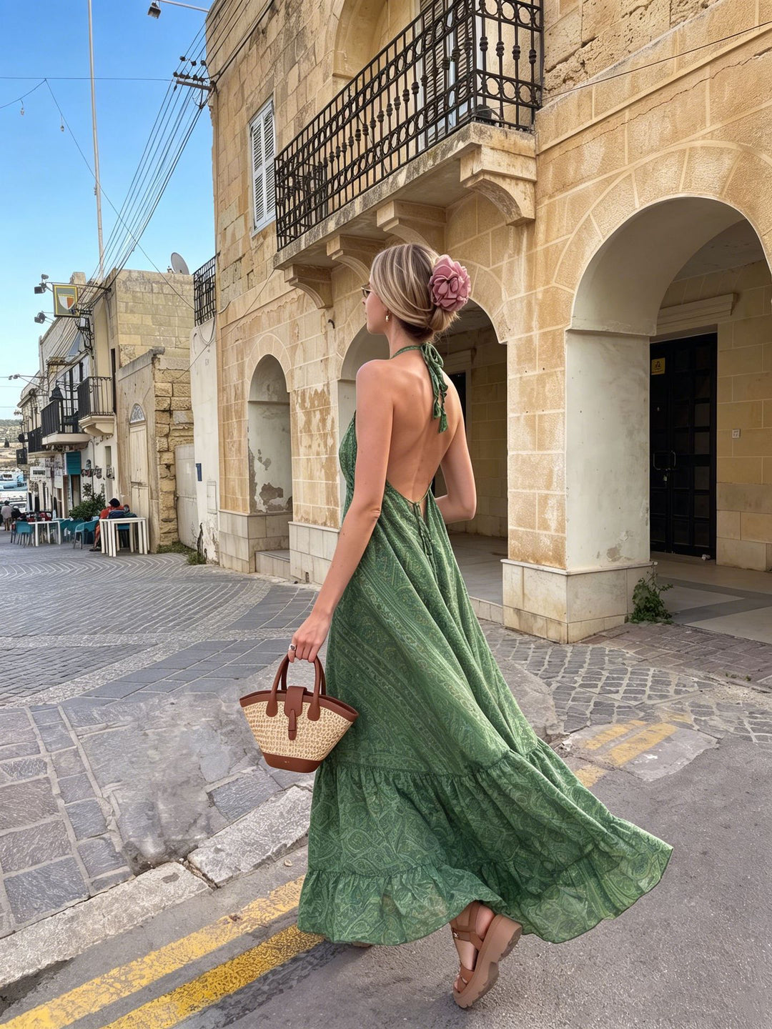 Damen Boho-Maxikleid mit Nackenband, Rückenfreiem Schnitt und Volant – Avérine