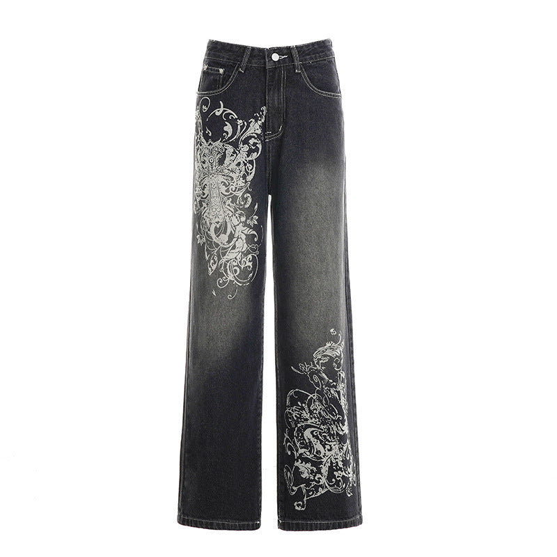 Damen Weite Denim-Hose mit auffälligem grafischem Druck Echo Archiv