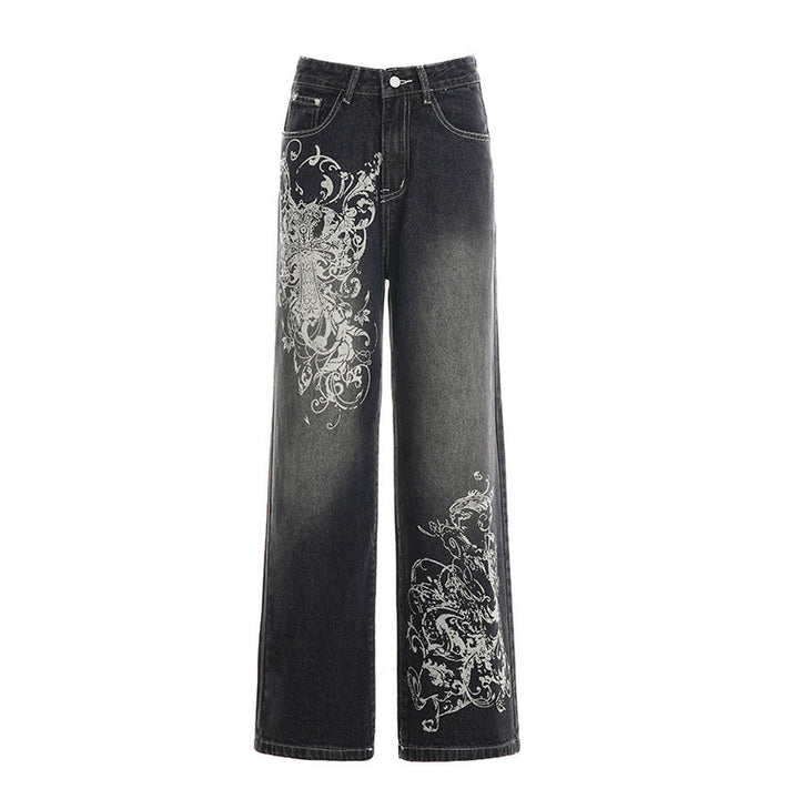 Damen Weite Denim-Hose mit auffälligem grafischem Druck Echo Archiv