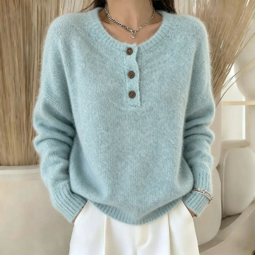 Damen Kuscheliger Rundhals-Henley-Pullover mit Knopfleiste und Raglanärmeln – Mavelle