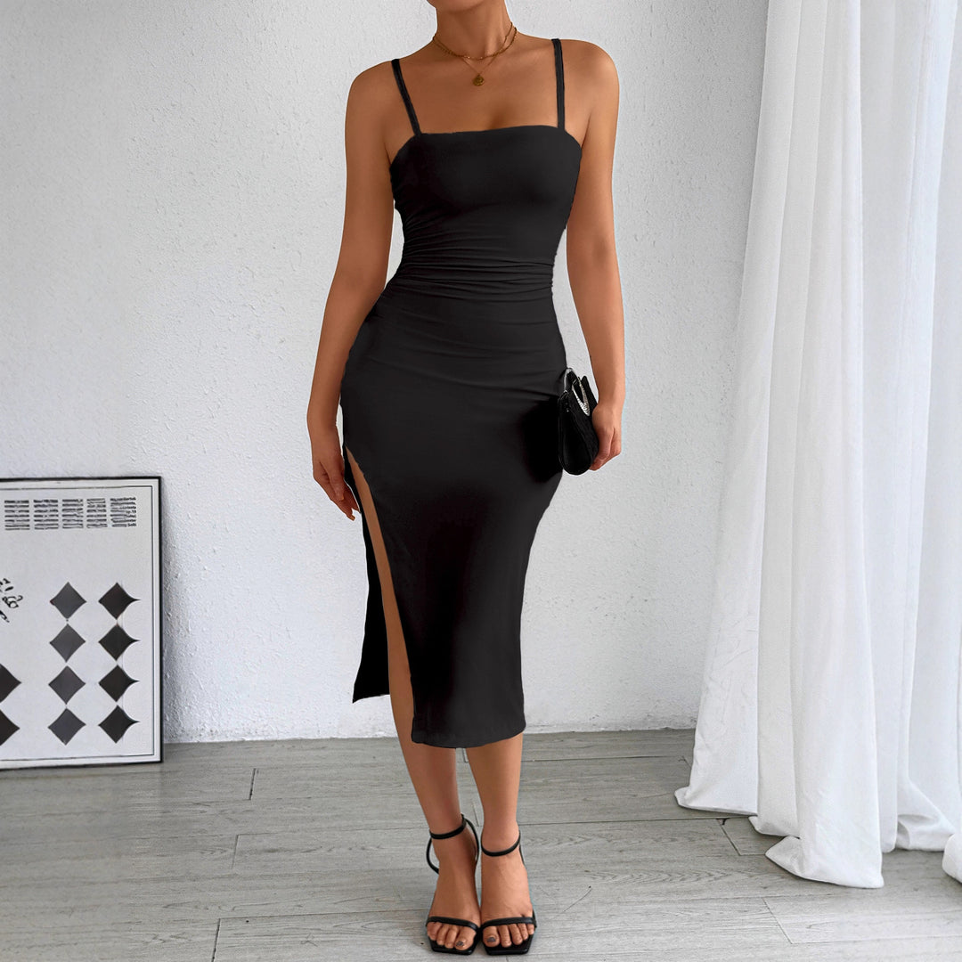 Damen figurbetontes Midi-Kleid mit schulterfreien Trägern und tiefem Schlitz Echo Archiv