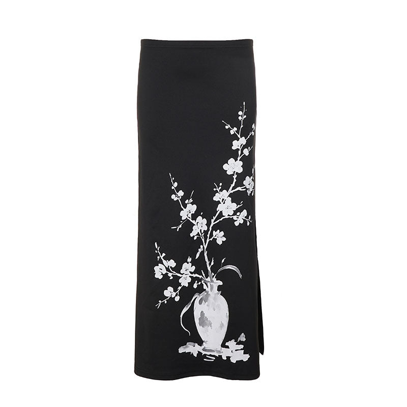 Damen nan ausgestellter Maxi-Rock mit A-Linien-Schnitt, elastischem Bund und floraler Aquarell-Vasen-Print Echo Archiv