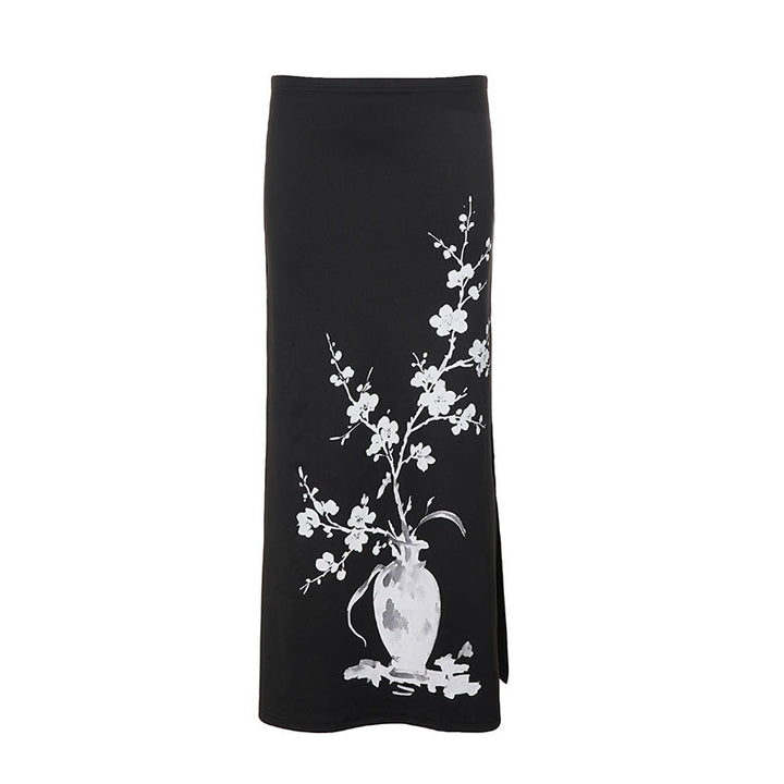 Damen nan ausgestellter Maxi-Rock mit A-Linien-Schnitt, elastischem Bund und floraler Aquarell-Vasen-Print Echo Archiv