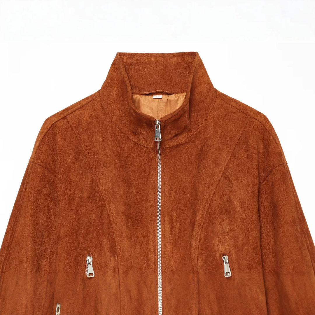 Damen Kurzgeschnittener Wildleder-Blouson mit Stehkragen und Reißverschluss Echo Archiv