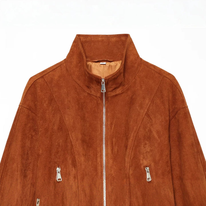 Damen Kurzgeschnittener Wildleder-Blouson mit Stehkragen und Reißverschluss Echo Archiv
