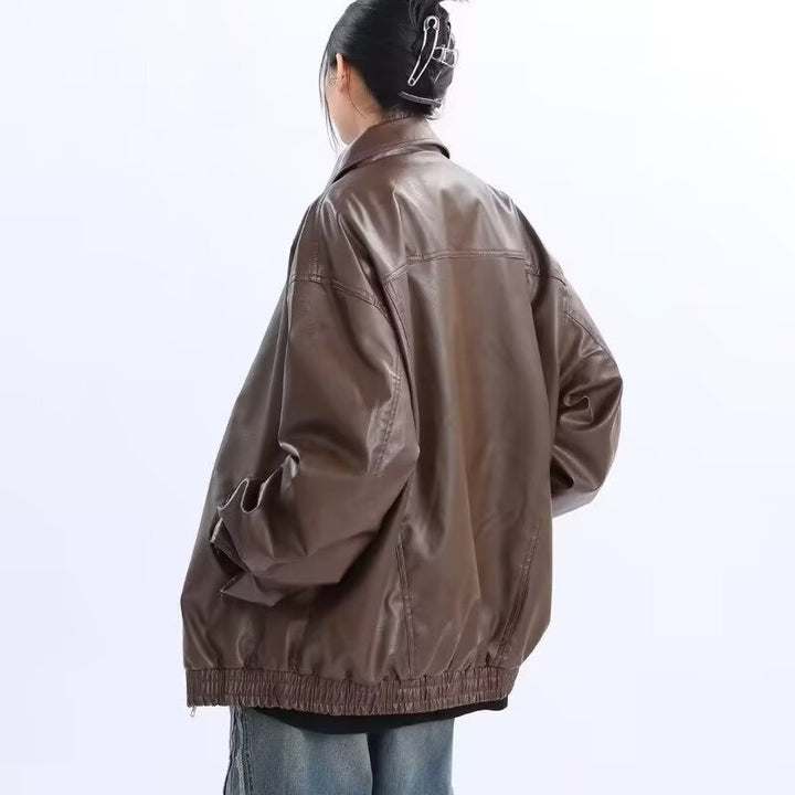 Damen Oversized Kunstleder-Blouson mit elastischem Saum und Hemdkragen Echoarchiv
