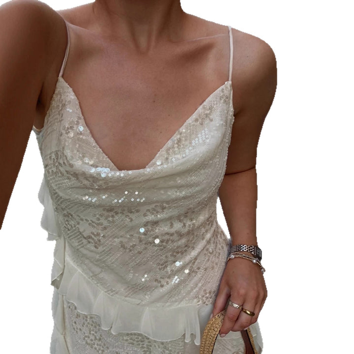 Damen funkelndes Minikleid mit Rüschendetails und verzierten Pailletten Echo Archiv