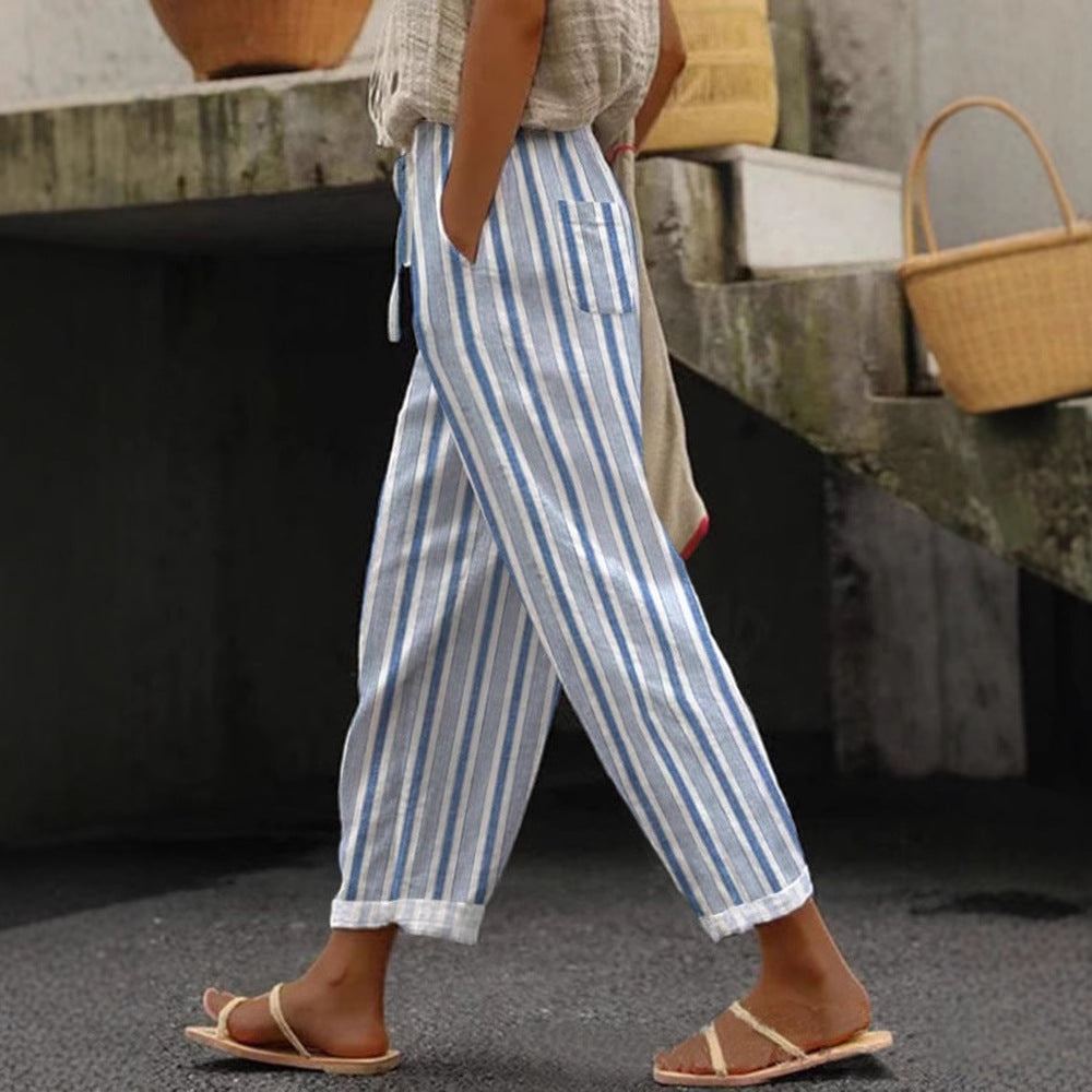 Damen Weite Leinenhose mit handgewebtem Muster Echoarchiv
