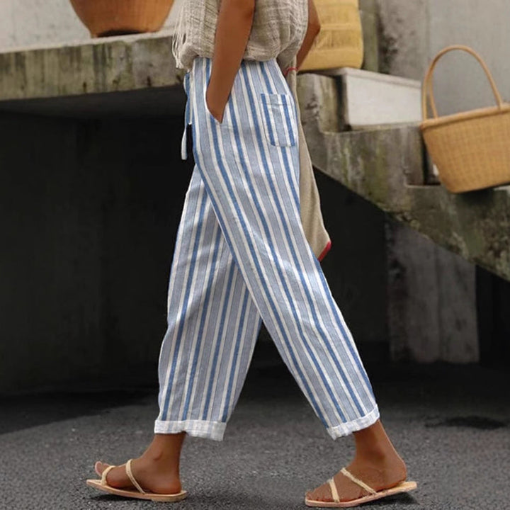 Damen Weite Leinenhose mit handgewebtem Muster Echoarchiv