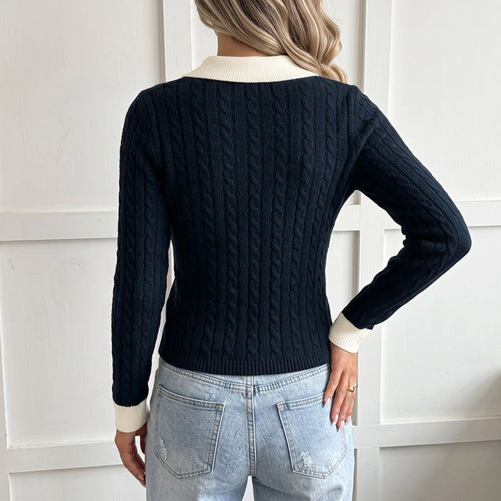 Damen Eleganter Strickpullover mit V-Ausschnitt und Kontrastkragen Echo Archiv