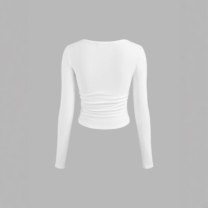 Damen Figurbetontes Langarm-Shirt mit U-Boot‑Ausschnitt und seitlicher Raffung – Avérine