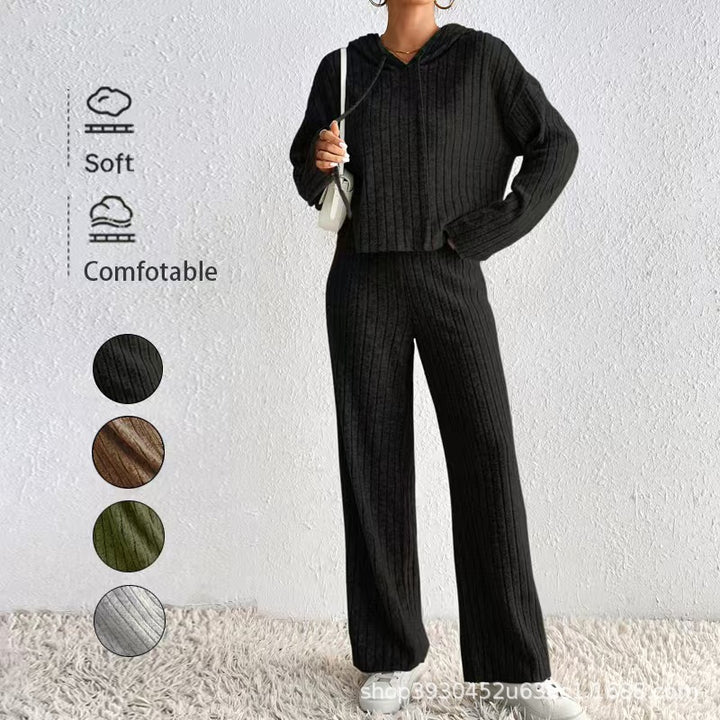 Damen Geripptes Kuschel-Lounge-Set aus Chenille mit Kapuzenpullover und weitem Hosenbein Echo Archiv