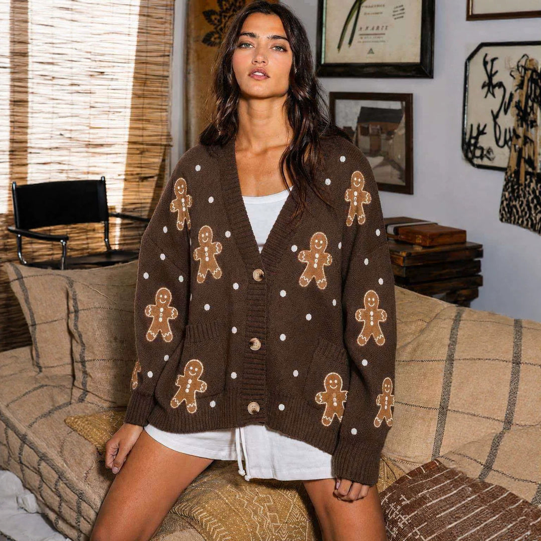 Damen nan oversized Strickcardigan mit Lebkuchenstickerei und tiefem V-Ausschnitt Echo Archiv