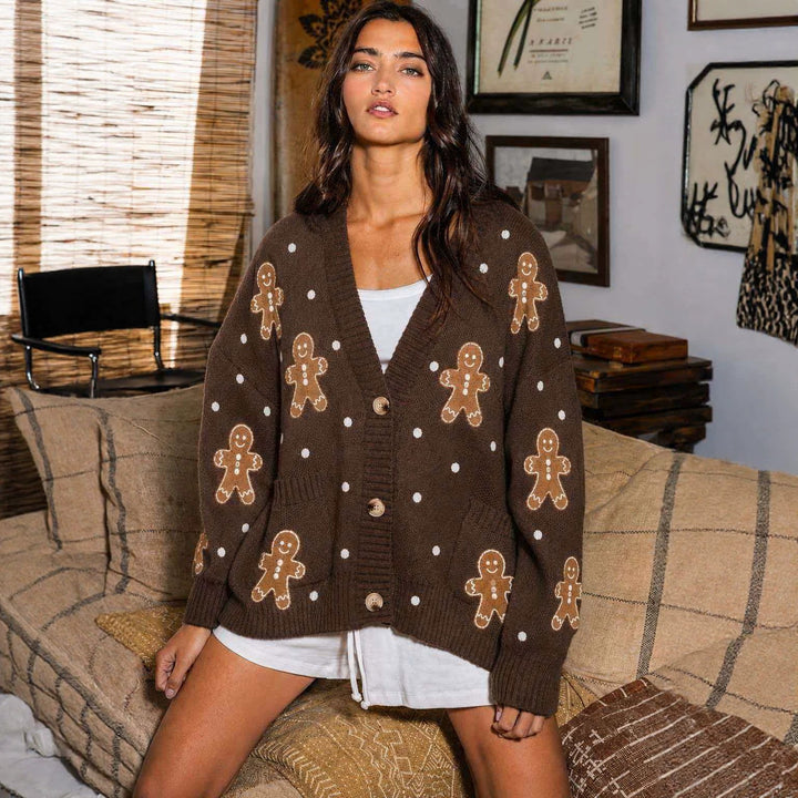 Damen nan oversized Strickcardigan mit Lebkuchenstickerei und tiefem V-Ausschnitt Echo Archiv