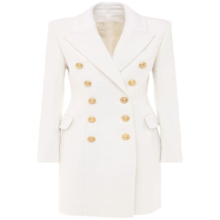 Damen Schmalgeschnittener Zweireihiger Wollmix-Longcoat mit markanter Schulter und goldenen Zierrundknöpfen Echoarchiv