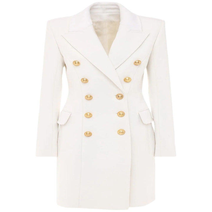 Damen Schmalgeschnittener Zweireihiger Wollmix-Longcoat mit markanter Schulter und goldenen Zierrundknöpfen Echoarchiv