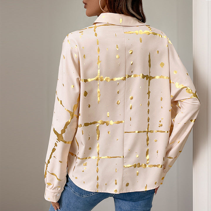 Damen Elegante Langarm-Bluse mit Gold-Folienprint, Hemdkragen und lockerem Schnitt Echoarchiv