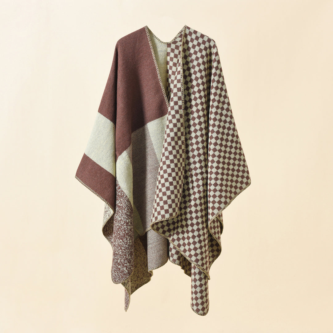 Damen Wendbarer Karomuster-Capeponcho aus Wollmix mit kastigem Oversize-Fall Echo Archiv