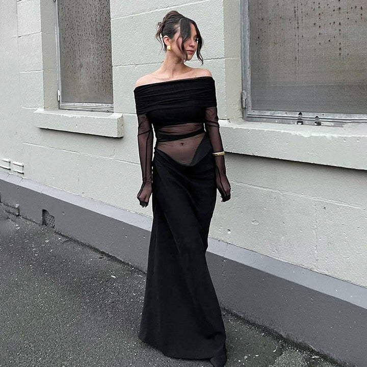 Damen Maxikleid mit schulterfreiem Design und fließendem Stoff Echo Archiv