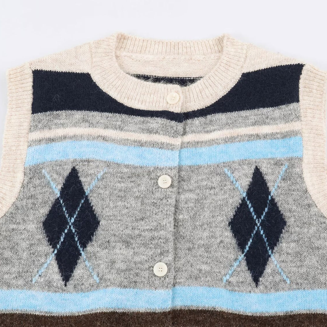 Damen Ärmellose Argyle-Strickweste mit durchgehender Knopfleiste und geripptem Saum Echoarchiv