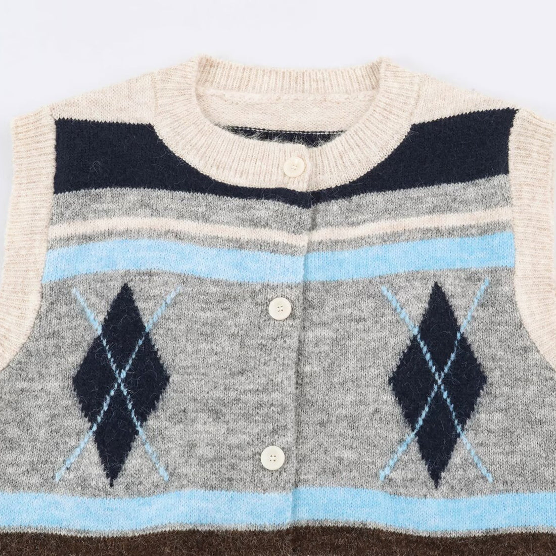 Damen Ärmellose Argyle-Strickweste mit durchgehender Knopfleiste und geripptem Saum Echoarchiv