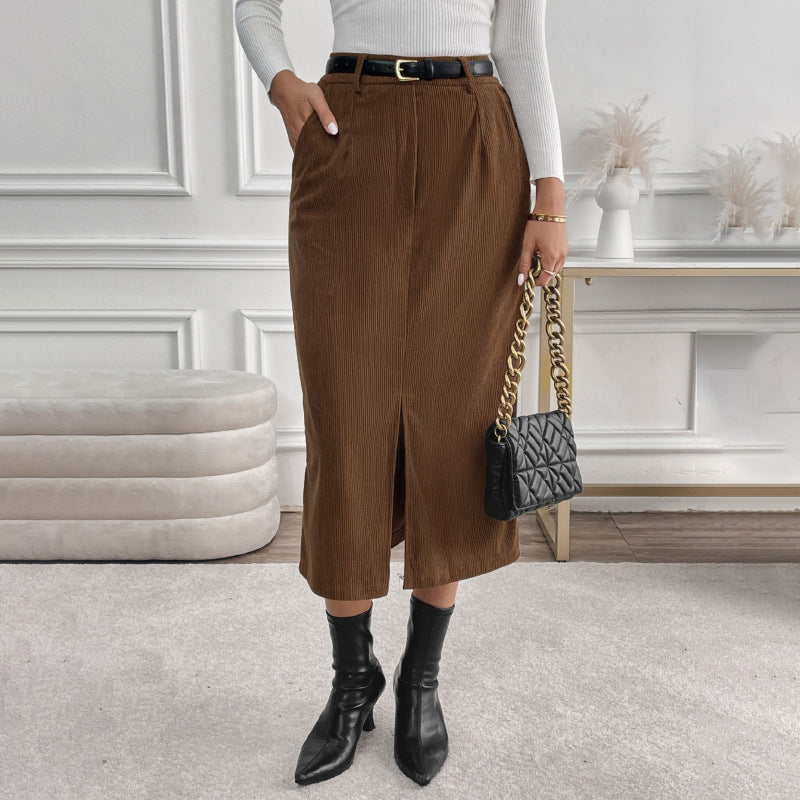 Damen Cord-Midirock mit hohem Bund, Eingrifftaschen und mittigem Schlitz Echoarchiv