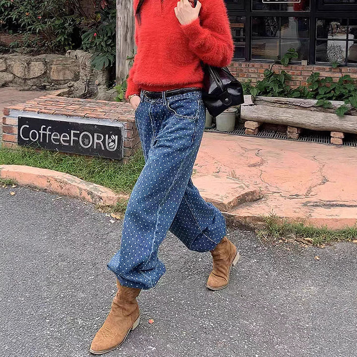 Damen nan hochgeschnittene weite Denimhose mit durchgehendem Punktmuster und klassischem Taschen-Design Echo Archiv