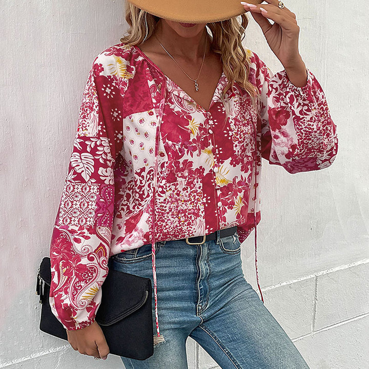 Damen Patchwork-Bluse mit V-Ausschnitt, BindEchoarchivändern und Ballonärmeln Echoarchiv