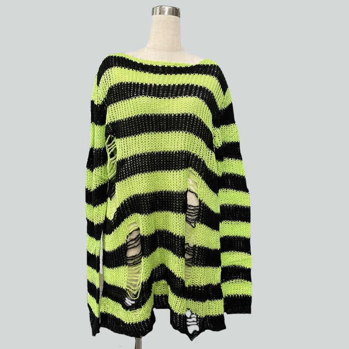 Damen nan Oversized Grobstrickpullover mit breiten Blockstreifen und aufgerissenem Design Echo Archiv