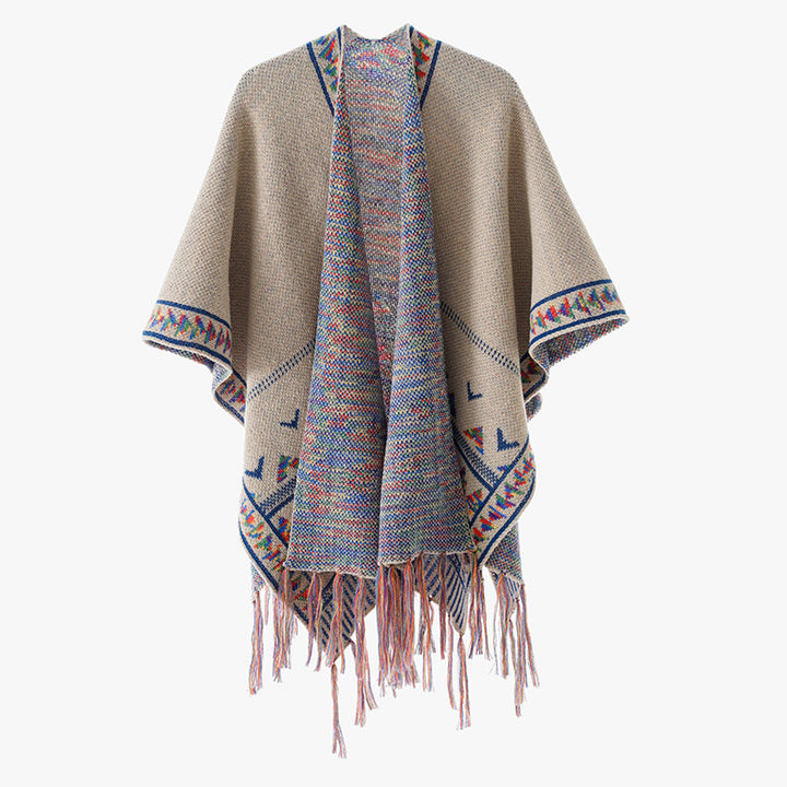 Damen Grobstrick-Poncho mit eingewebter Ethno‑Bordüre und Fransen Echo Archiv