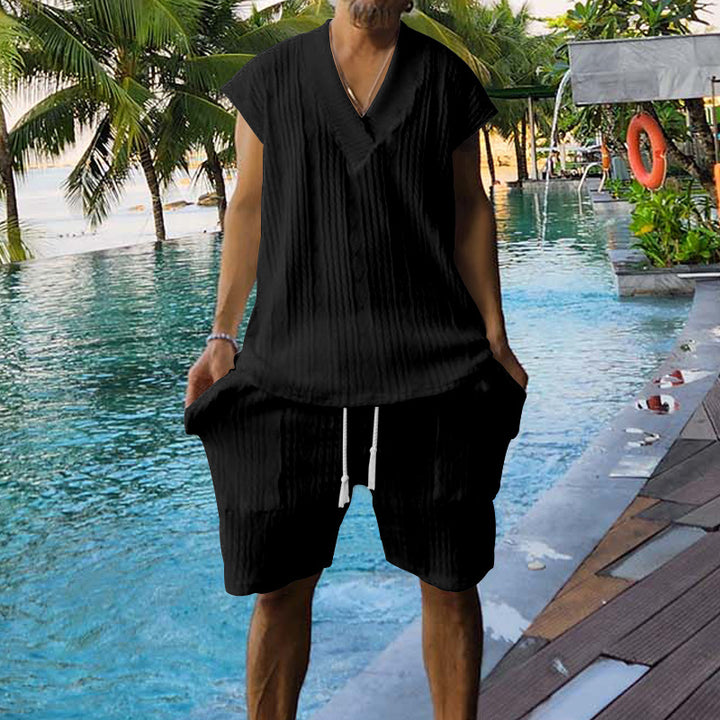 Herren lässiges Kurzarm-Oberteil und Shorts-Set im strukturierten Design Echoarchiv