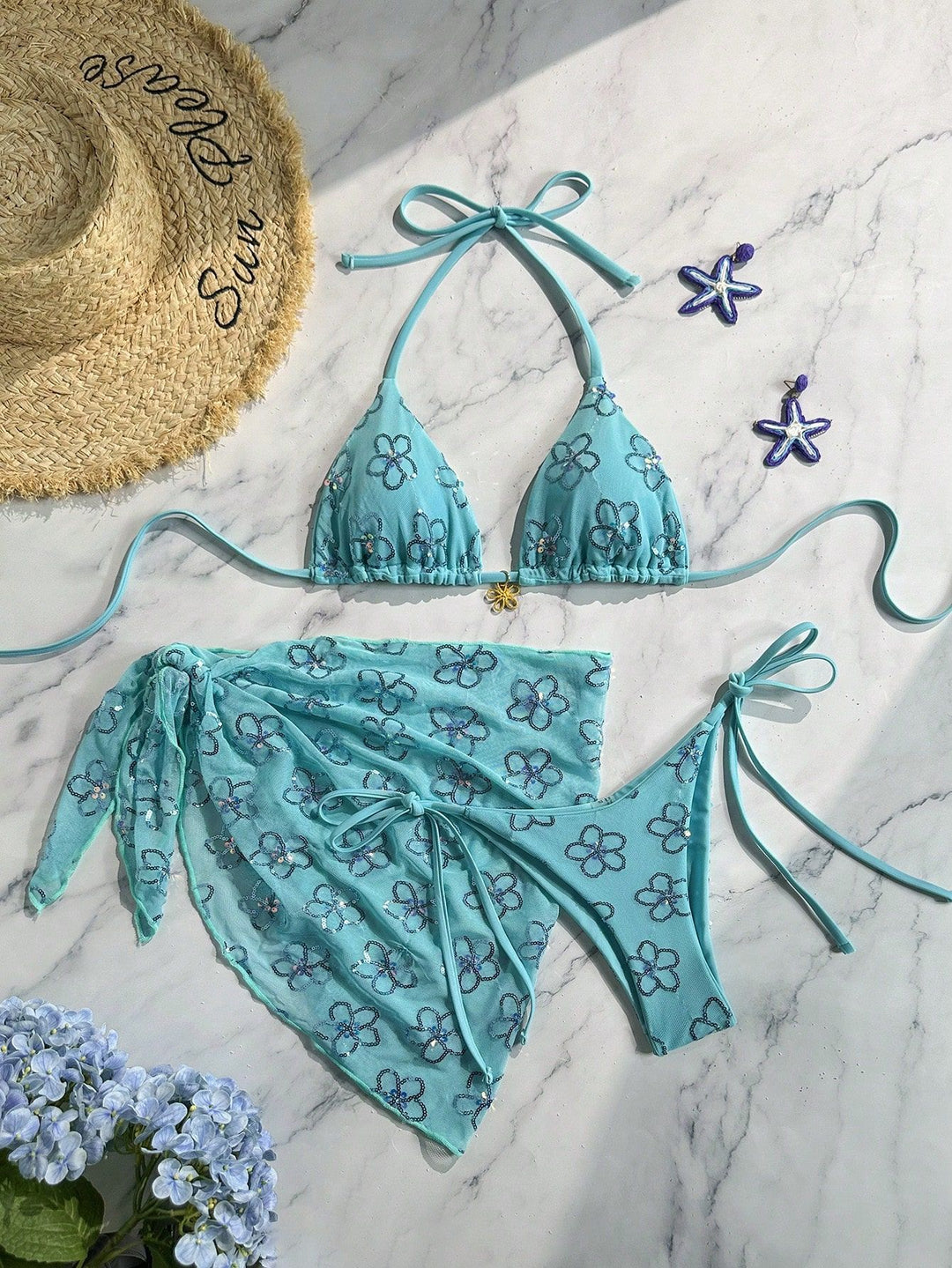 Damen blütenverzierter Bikini mit farbenfrohem Überrock Echo Archiv