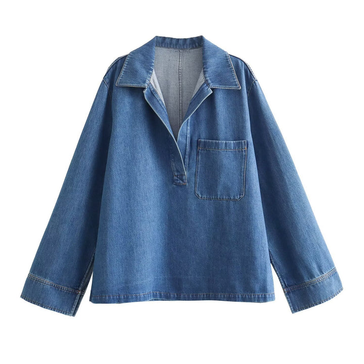 Damen nan oversized Jeanspullover mit offenem V‑Ausschnitt, großer Brusttasche und kastigem Schnitt Echo Archiv