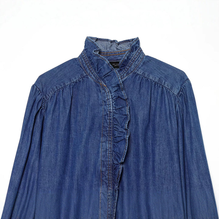 Damen Weiche Denim-Tunika mit Rüschenblende, Stehkragen und Ballonärmeln Echo Archiv