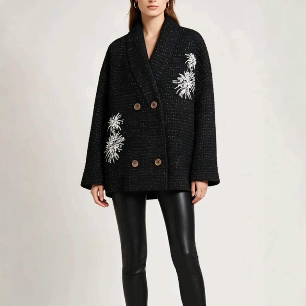 Damen Oversize-Bouclé-Manteljacke mit Schalkragen und floraler Stickerei Echoarchiv