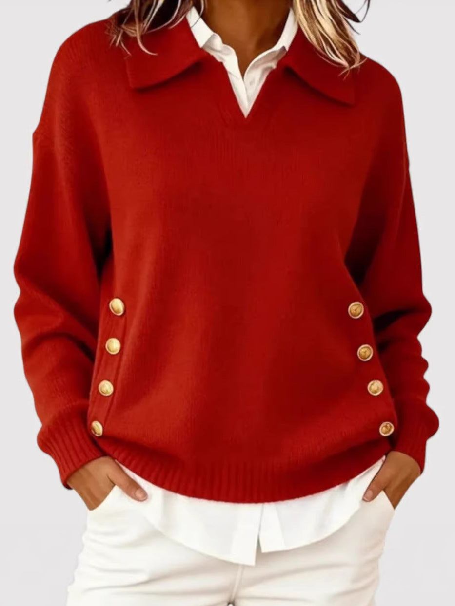 Damen Modischer Strickpullover mit Kragen und Knopfdetails