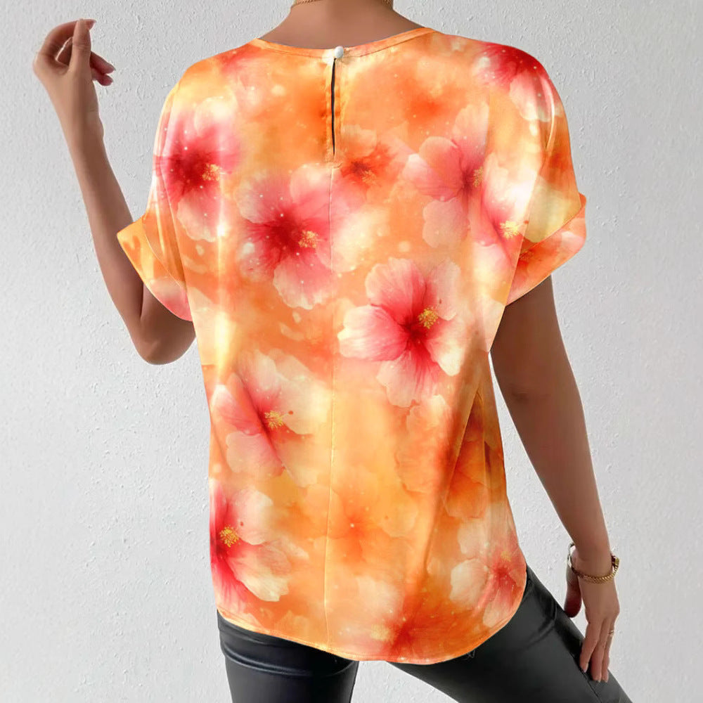 Damen nan lockeres Kurzblusen-Shirt in Seidenoptik mit Aquarellblütenprint und Umschlagärmeln Echo Archiv