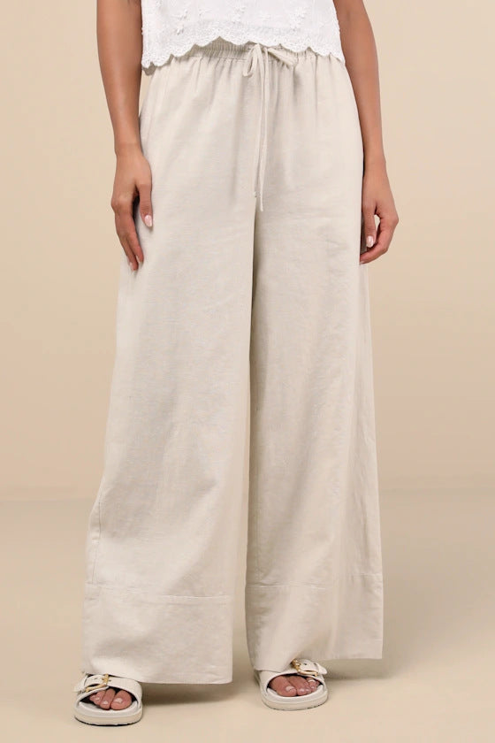 Damen Weite Leinenhose mit elastischem Bund und seitlichen Taschen Echoarchiv