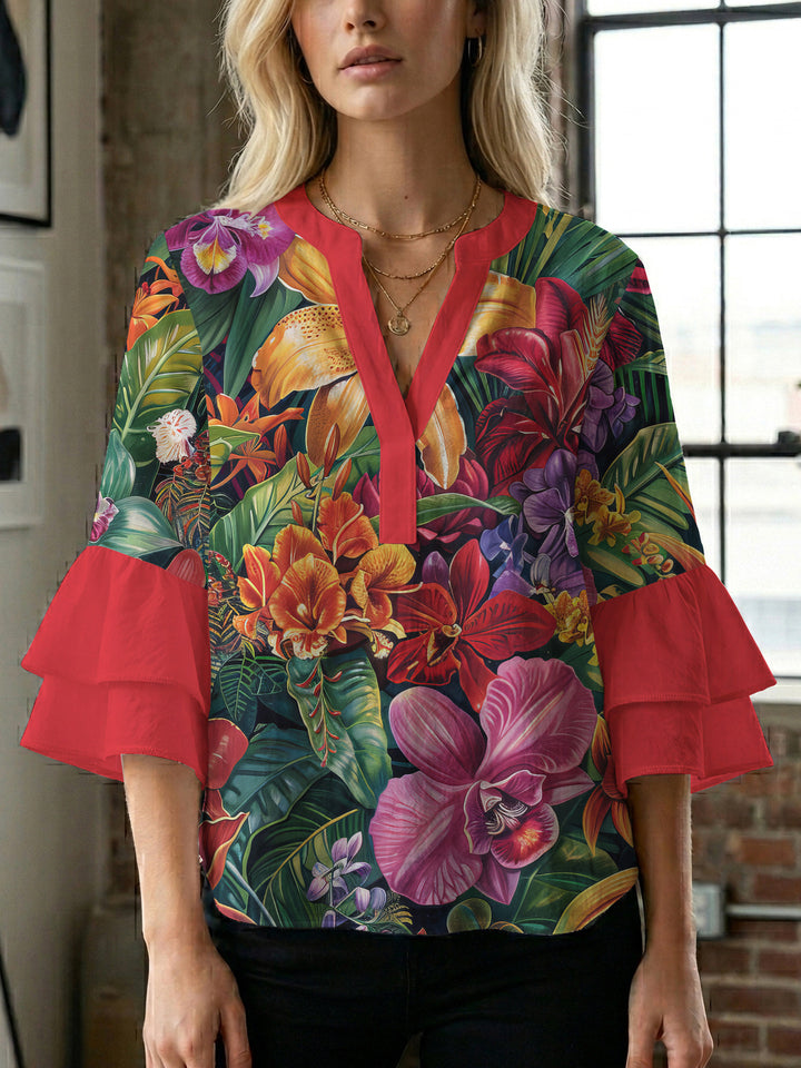 Damen Bluse mit voluminösen Rüschenärmeln und floralem Muster Echo Archiv