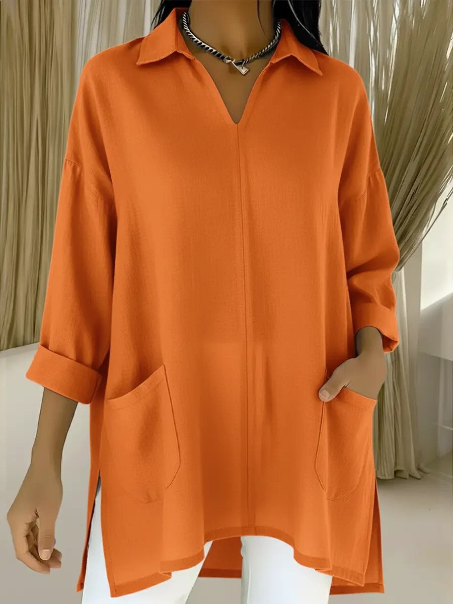 Damen Oversize-Tunika mit Hemdkragen, V-Ausschnitt und aufgesetzten Taschen Echo Archiv