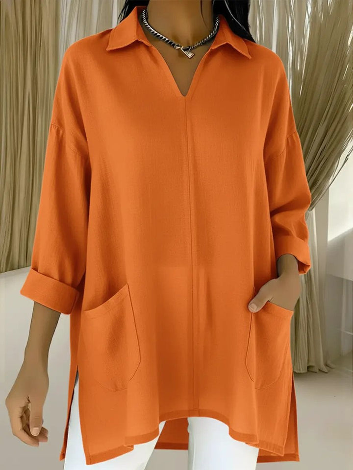 Damen Oversize-Tunika mit Hemdkragen, V-Ausschnitt und aufgesetzten Taschen Echo Archiv