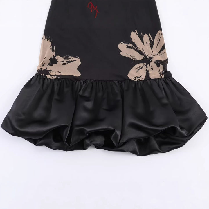 Damen Kurzes A-Linien-Kleid mit Blumenprint, transparenten Trompetenärmeln und Satinvolant Echoarchiv