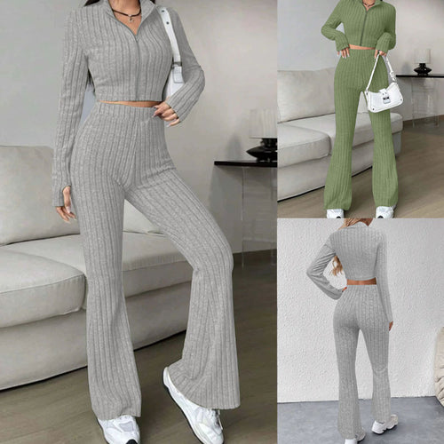 Damen Gerippter Strick-Zweiteiler mit Cropped Reißverschluss-Cardigan und High‑Waist Schlaghose – Élanora