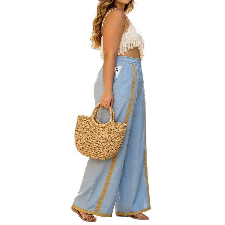 Damen Weite Leinen-Optik Lounge-Hose mit elastischem Bund und Kontraststreifen – Avélisse